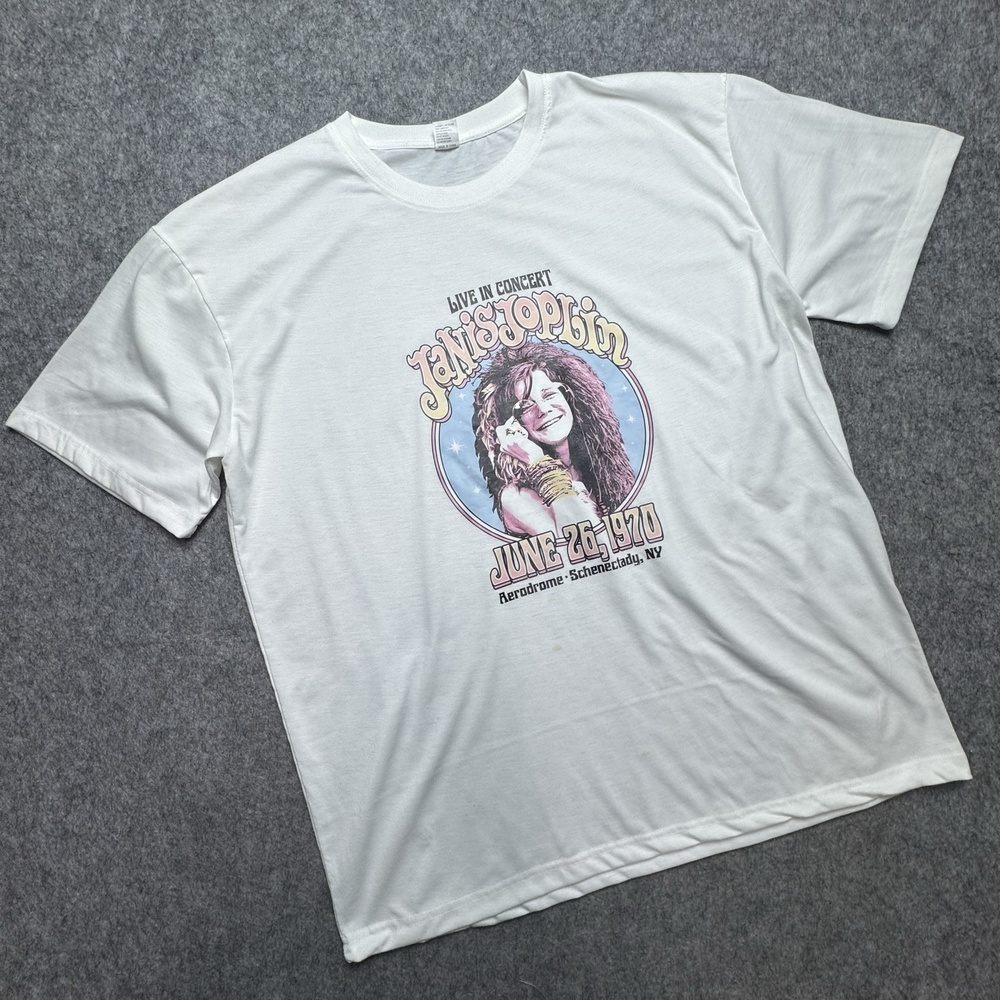 Janis Joplin Shirt Mens 2XL White Live Concert Band Graphic Tee Music 1970